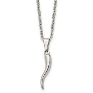 Stainless Steel Italian Horn Cornicello Pendant 22" Cable Chain Necklace
